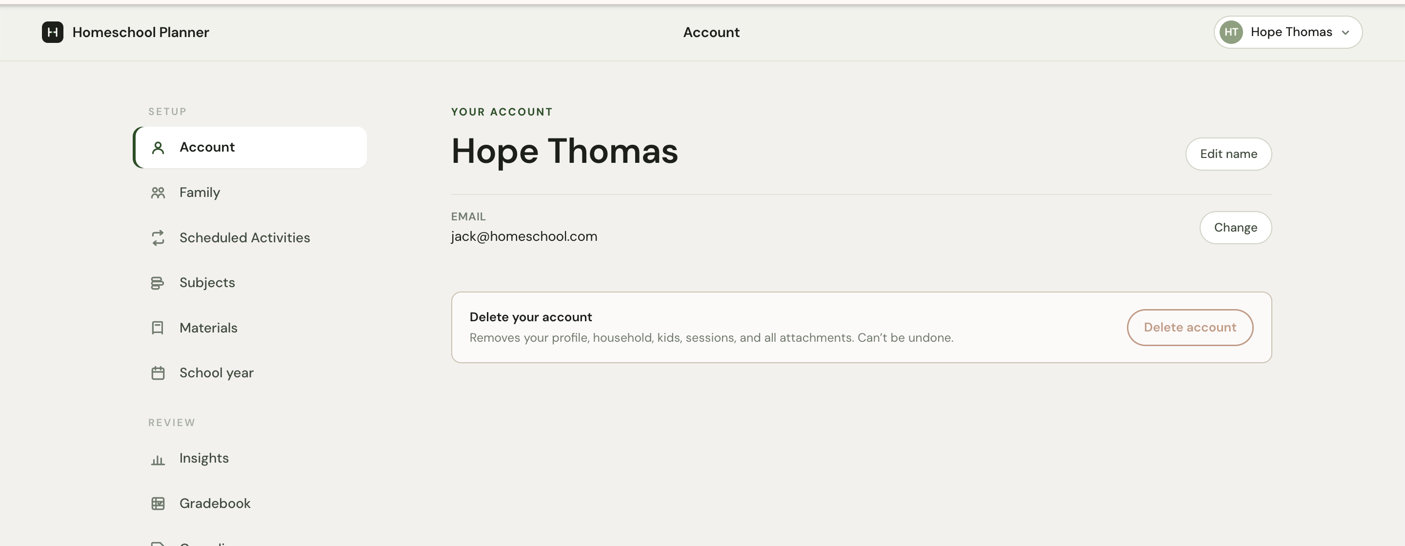 The Account settings page showing the parent name, email address, and a Delete account card.
