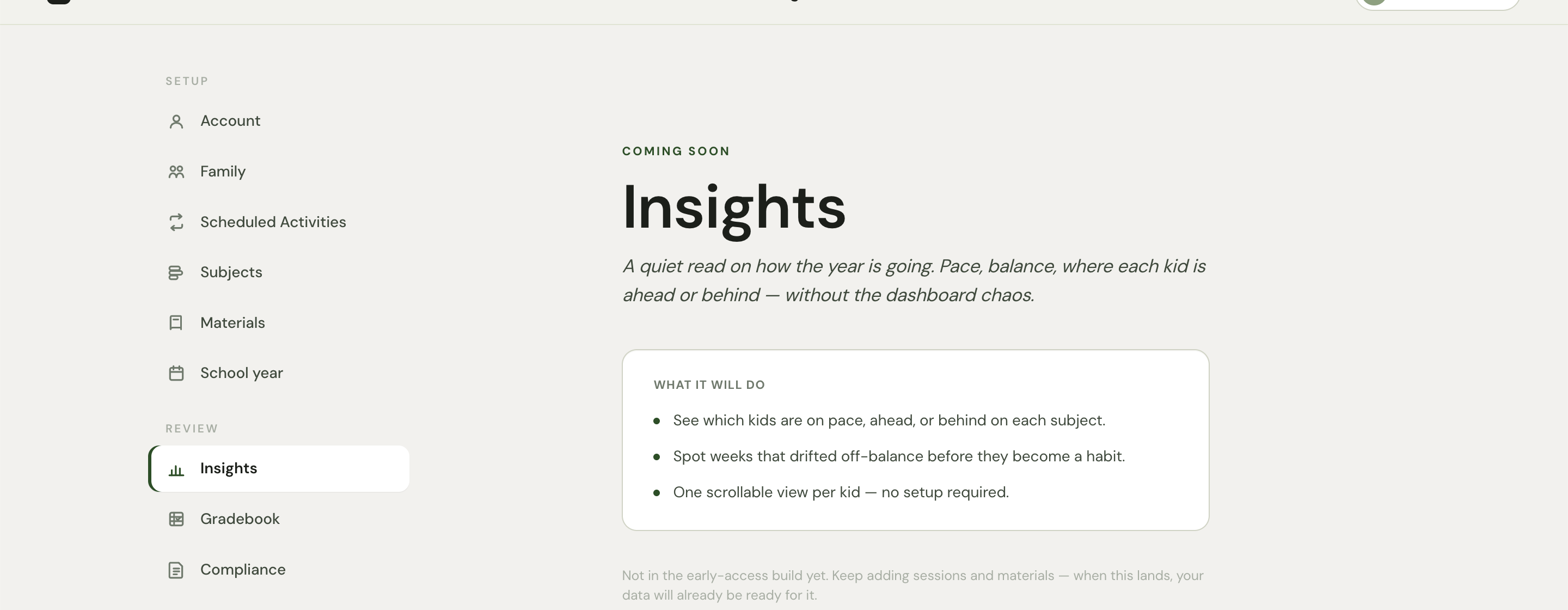 The Insights coming-soon page showing the title, a description, and a card listing what the view will do.