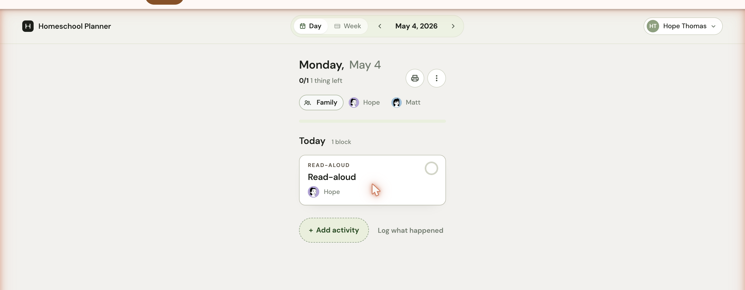 The day view showing the date heading, a status counter, child filter chips, and a Today section with one Read-aloud block and an empty check circle on the right.
