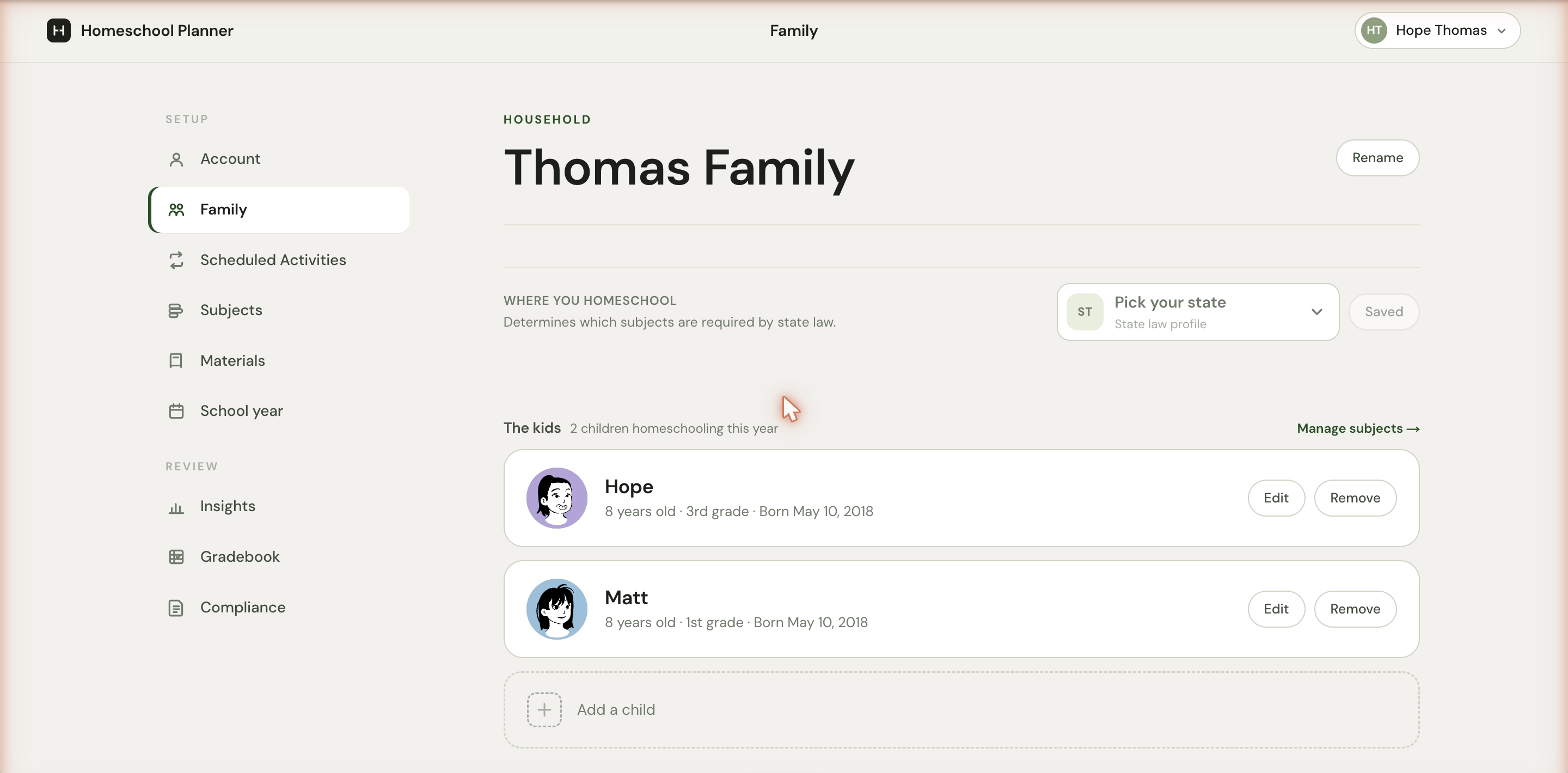 The Family settings page with the household name, a state picker, and a list of children — each with name, age, grade, birthday, and Edit / Remove buttons.