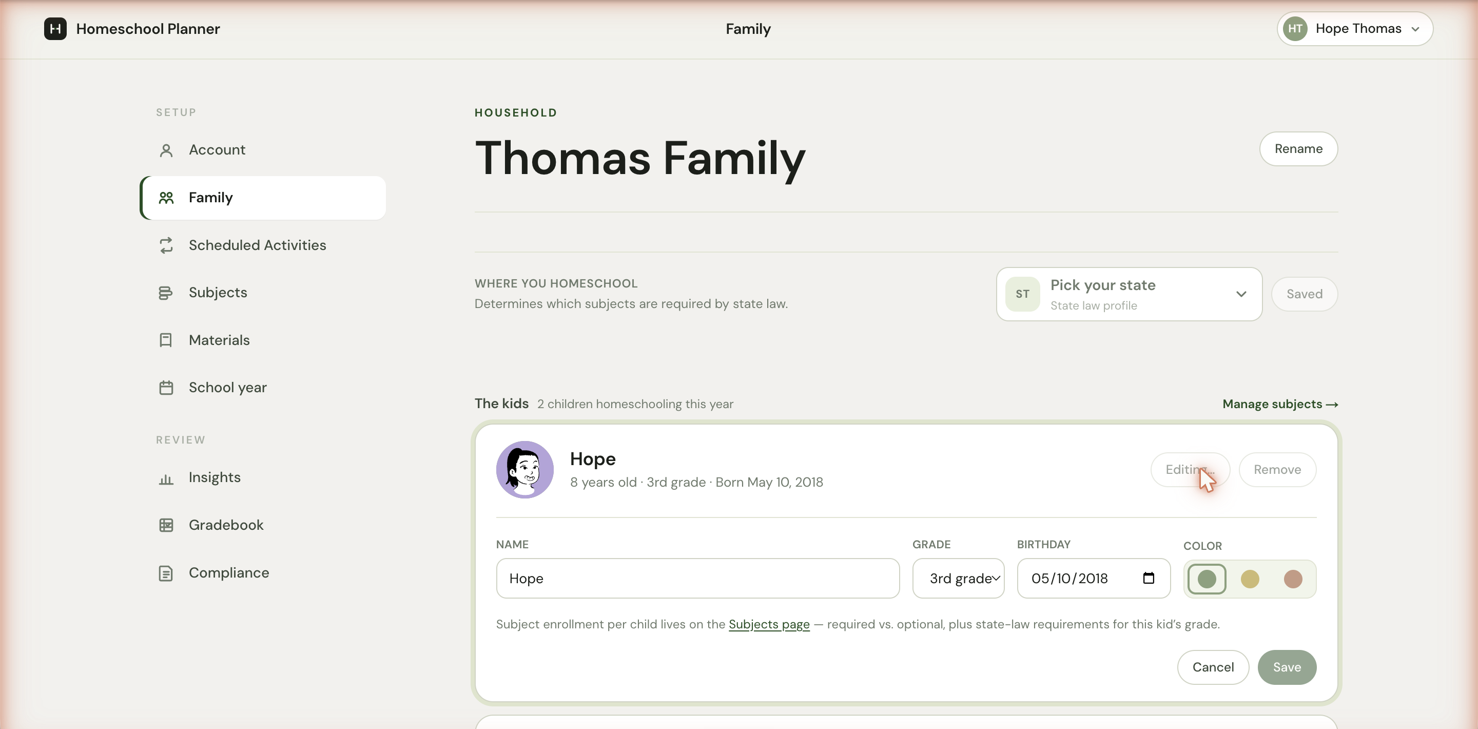 Hope's edit form expanded inline below her card, showing Name, Grade, Birthday, and three Color dots.