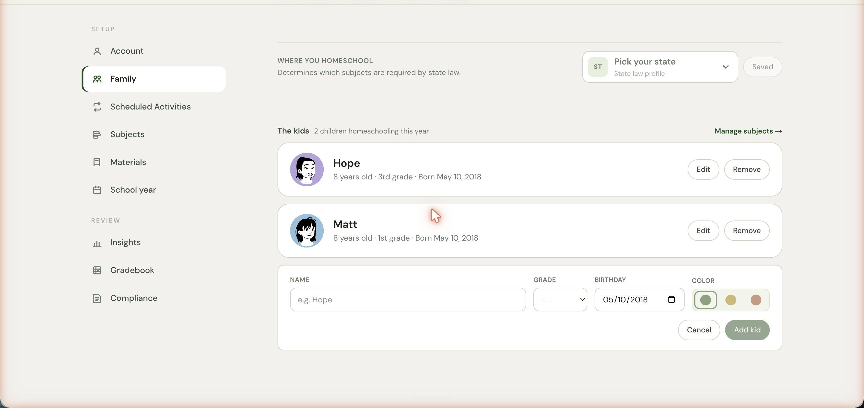 The Add a child form expanded under the existing children, with Name, Grade, Birthday, and Color fields and an Add button.