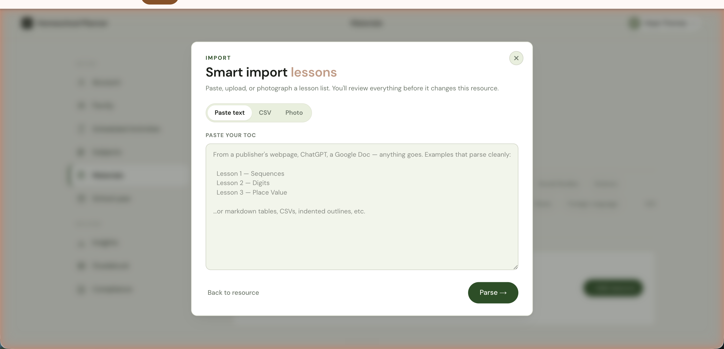 The Smart import dialog in paste-text mode with a Paste your TOC label and a large textarea showing example formats.