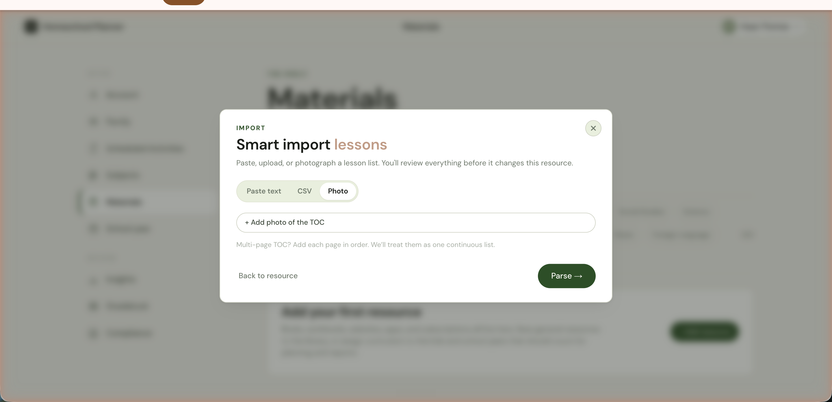 The Smart import dialog in Photo mode with a + Add photo of the TOC button and a multi-page hint.