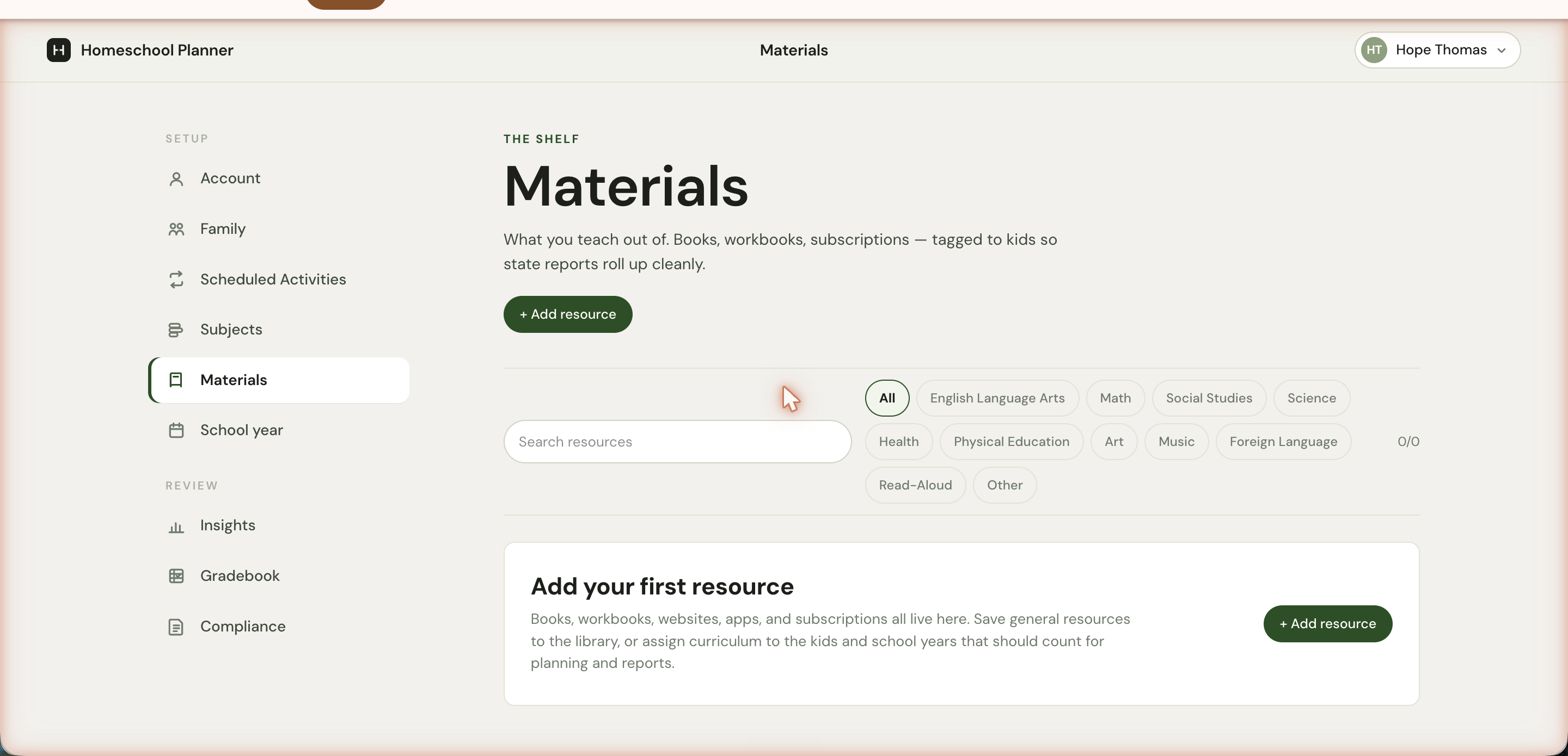 The Materials settings page with a + Add resource button at the top, a search box, twelve subject filter chips, and an empty-state card prompting you to add your first resource.