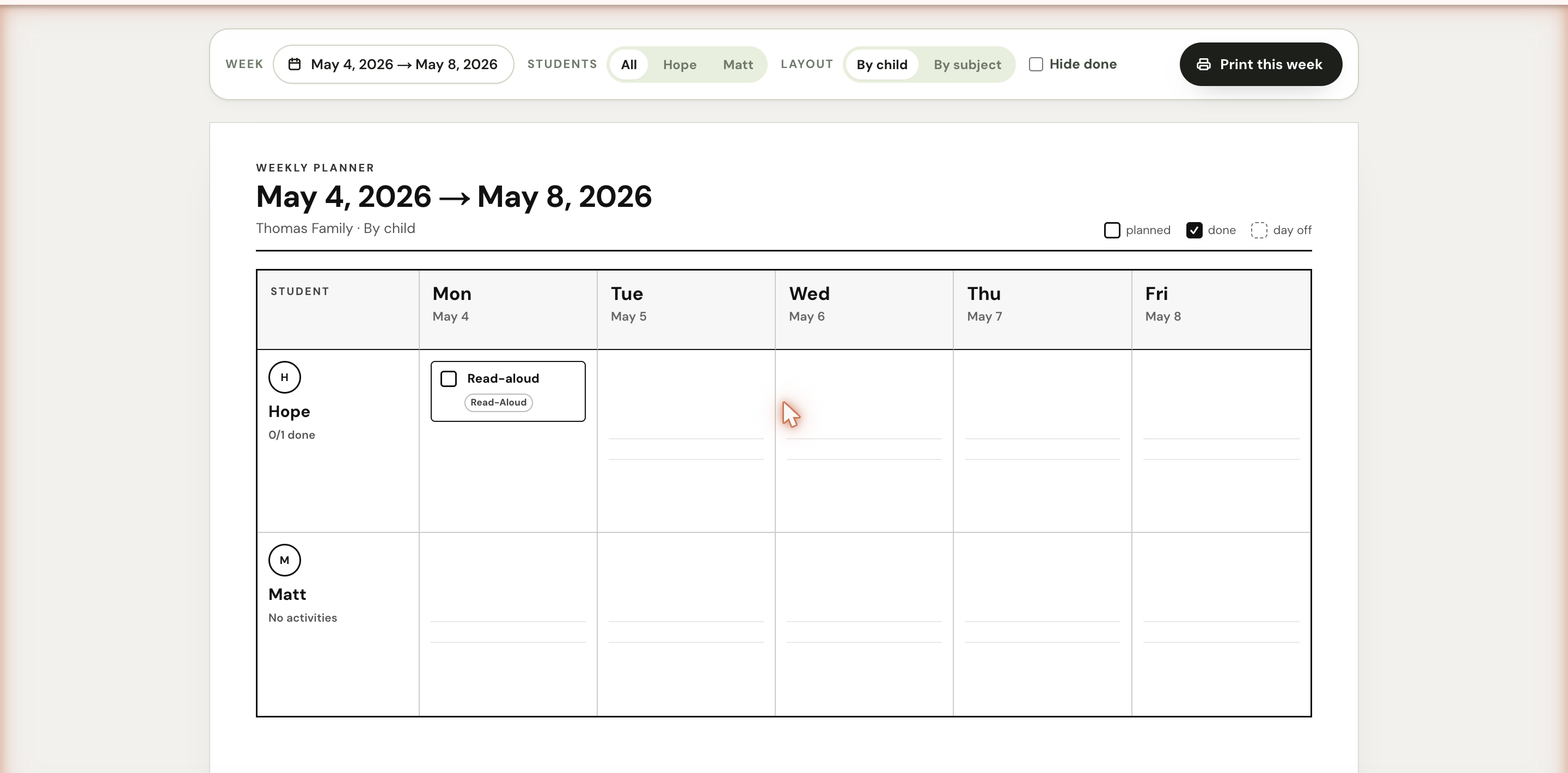 The week-print preview with a toolbar across the top — date range, students filter, layout toggle, hide done checkbox, and a Print this week button — above a five-column table with a Read-aloud card in the Mon cell.