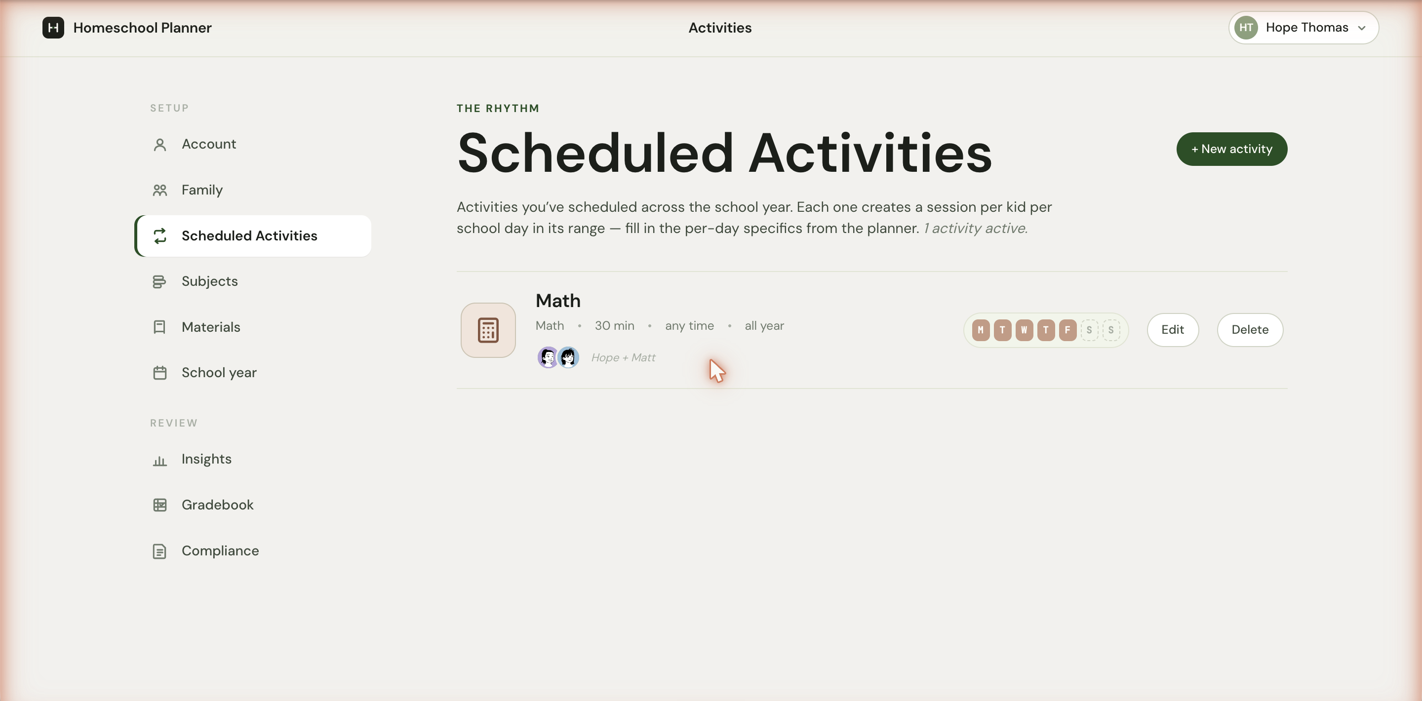 The Scheduled Activities settings page showing one Math activity row with subject, duration, time-of-day, year range, day pills, child avatars, and Edit / Delete buttons.