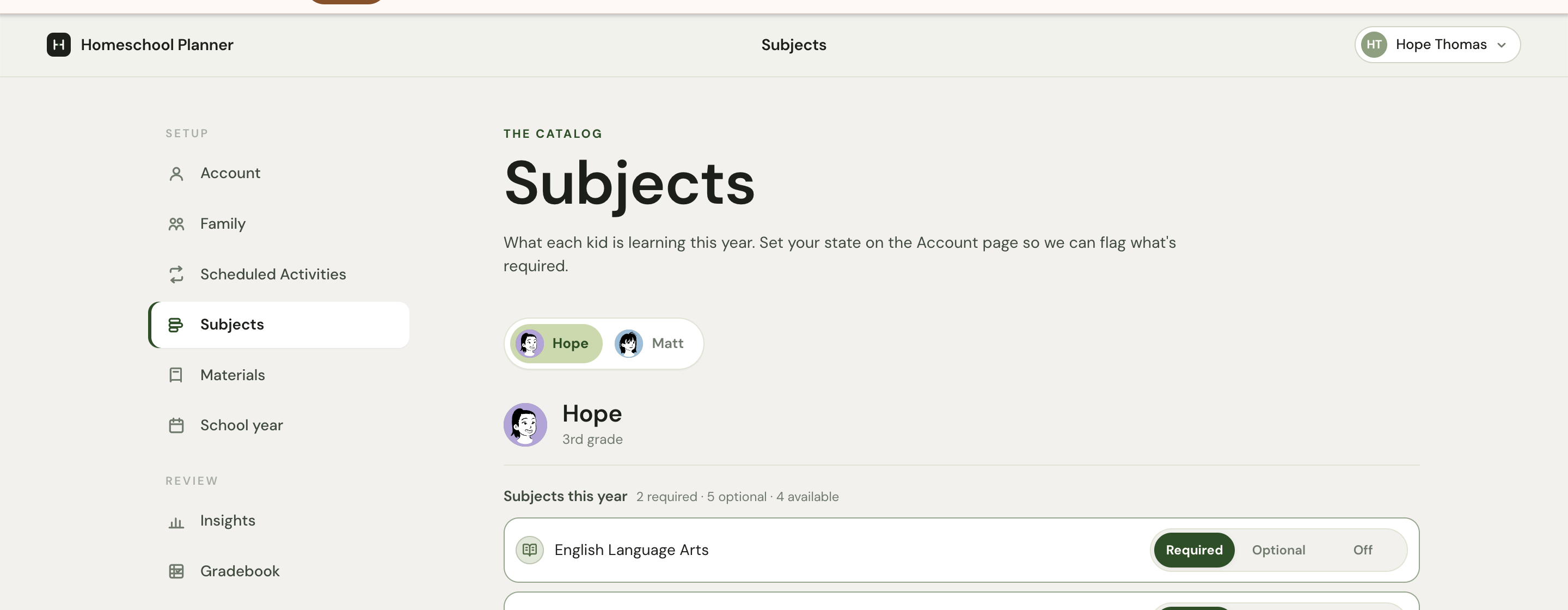 The Subjects settings page with a child switcher, the active child's name and grade, a counter line, and the first four subject rows with three-way toggles.