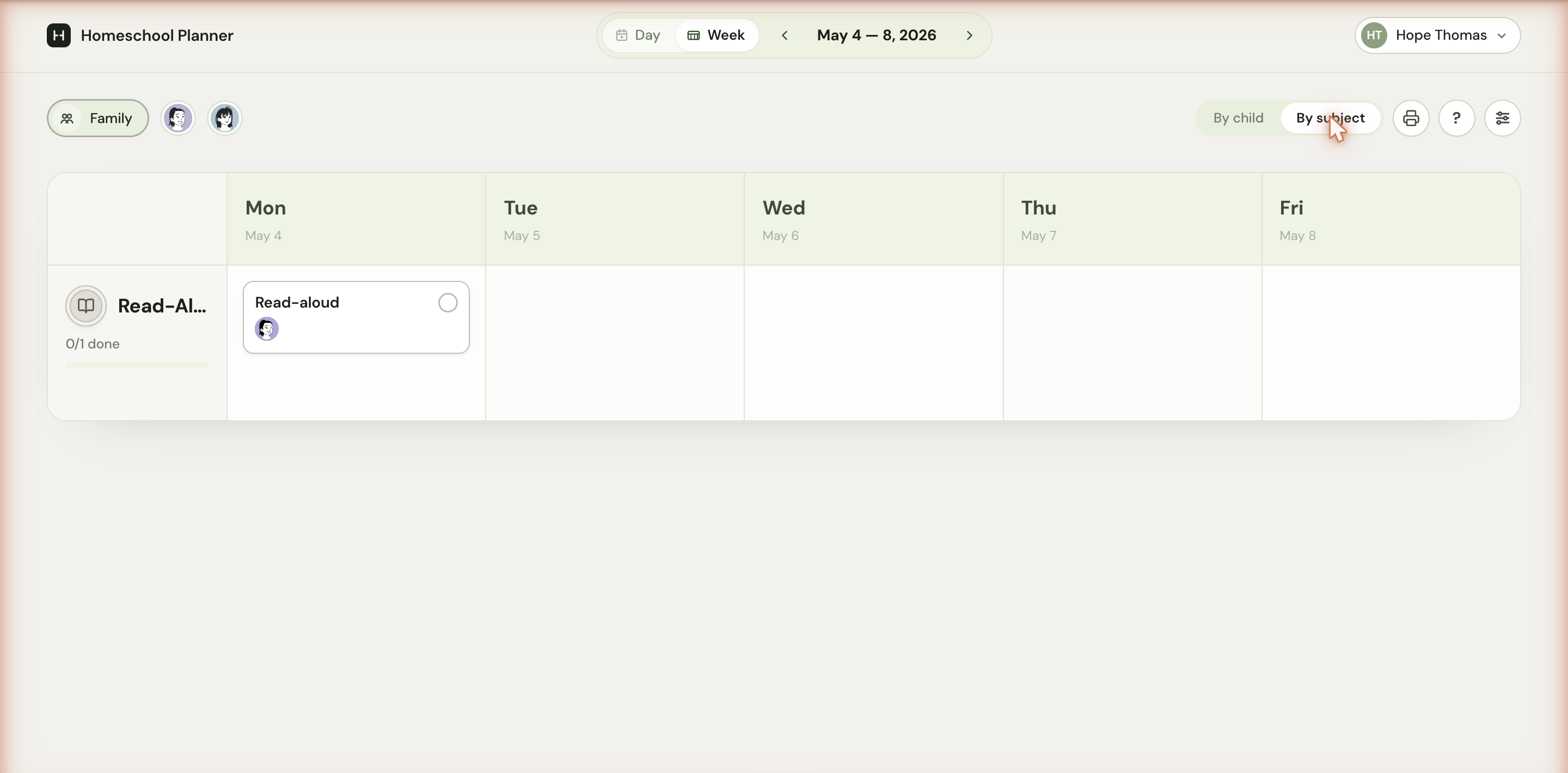 The same week in By subject mode. The left rail now shows the Read-Aloud subject as the only lane; the Mon column has a Read-aloud card with Hope's avatar inside. The By subject toggle at the top right is highlighted.