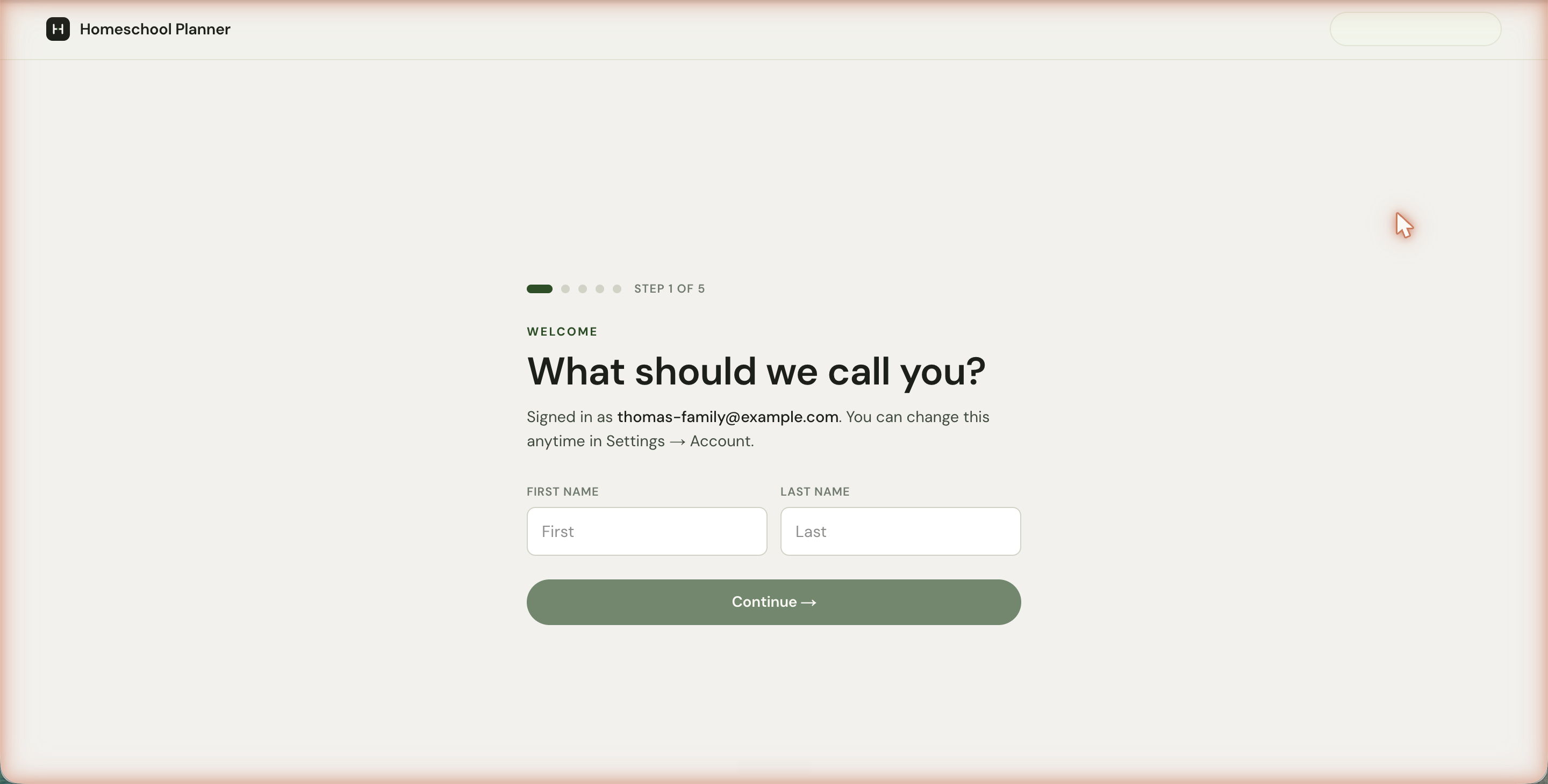 The welcome profile step with progress dots, a Welcome label, the heading What should we call you, two side-by-side inputs for first and last name, and a disabled Continue button.
